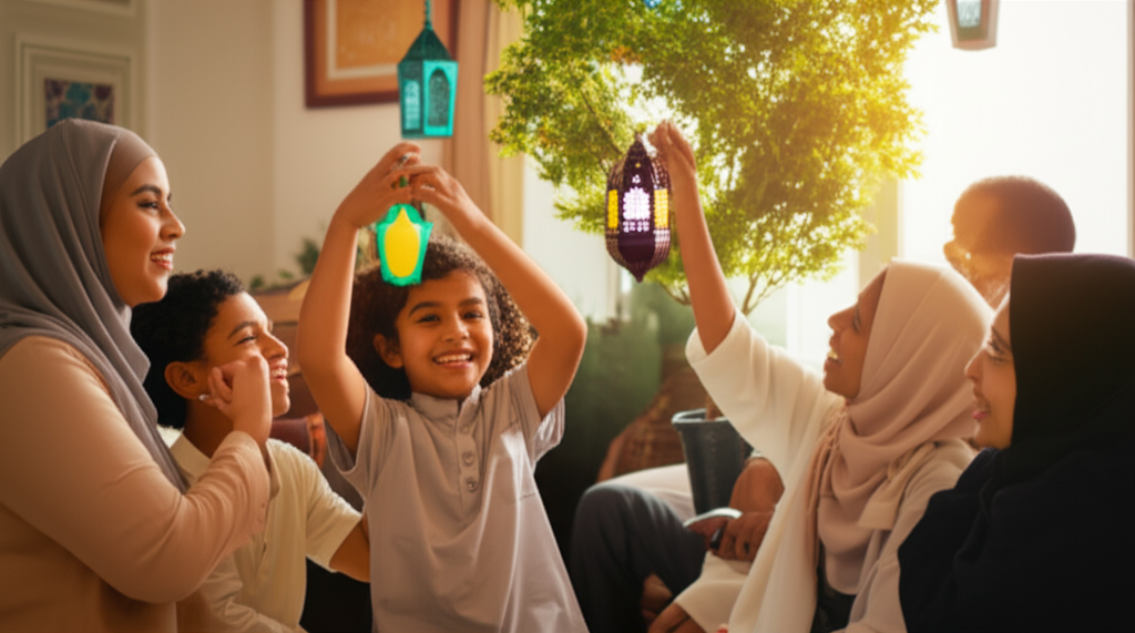 A joyful family celebrating Eid together at home.